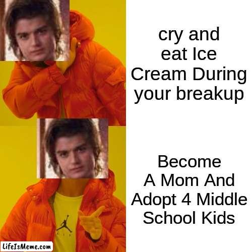 Steve Be Like | cry and eat Ice Cream During your breakup; Become A Mom And Adopt 4 Middle School Kids | image tagged in memes,drake hotline bling,stranger things | made w/ Lifeismeme meme maker