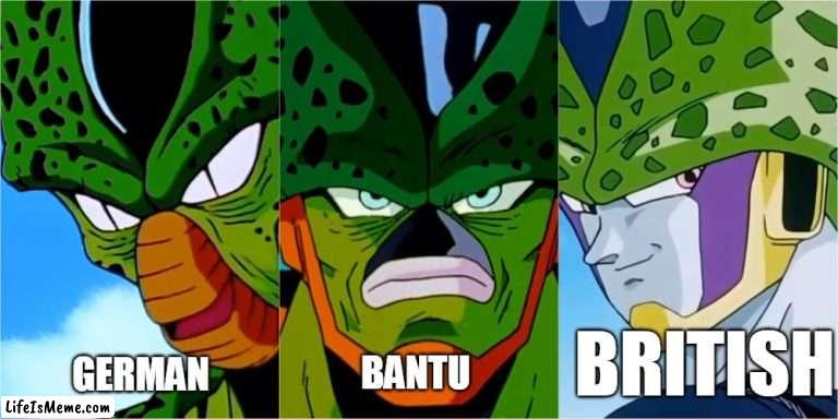 cell | BRITISH; GERMAN; BANTU | image tagged in dbz meme,cell | made w/ Lifeismeme meme maker