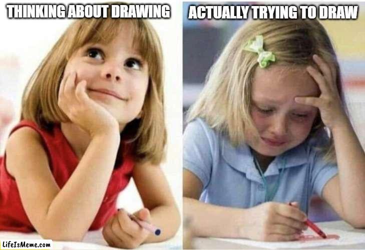 This happens a lot | ACTUALLY TRYING TO DRAW; THINKING ABOUT DRAWING | image tagged in thinking about vs doing,drawing,funny,funny memes | made w/ Lifeismeme meme maker