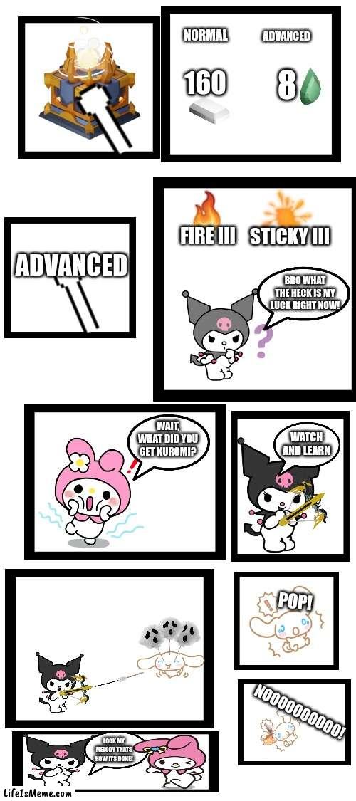 the runic divide relic The Sequel (roblox bewars meme) | NORMAL; ADVANCED; 8; 160; ADVANCED; FIRE III; STICKY III; BRO WHAT THE HECK IS MY LUCK RIGHT NOW! WAIT, WHAT DID YOU GET KUROMI? WATCH AND LEARN; POP! NOOOOOOOOOO! LOOK MY MELODY THATS HOW ITS DONE! | image tagged in hello kitty,bedwars,roblox | made w/ Lifeismeme meme maker