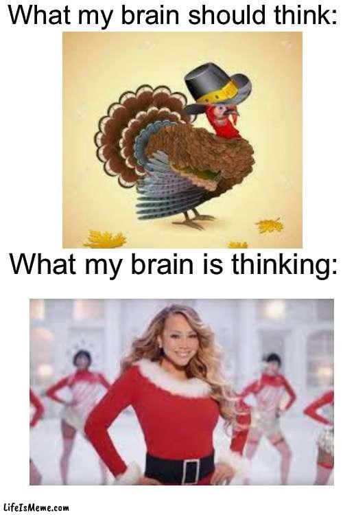 My brain in November: | What my brain should think:; What my brain is thinking: | image tagged in holidays,christmas,thanksgiving,brain,november | made w/ Lifeismeme meme maker