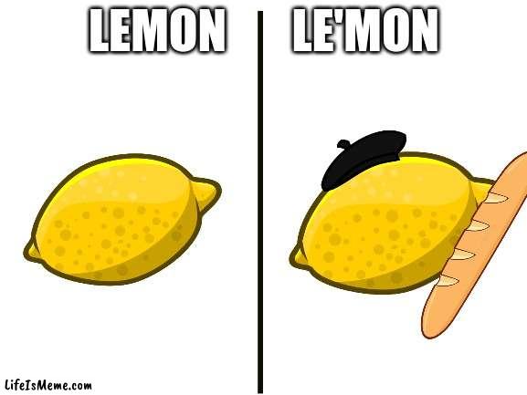 ik this was a memenade meme but ye lemon vs le'mon | LEMON       LE'MON | image tagged in blank white template,lemon,lemonade,memes,french,funny | made w/ Lifeismeme meme maker