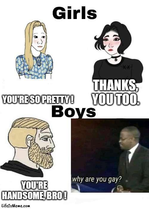 Relatable ! | YOU'RE SO PRETTY ! THANKS, YOU TOO. YOU'RE HANDSOME, BRO ! | image tagged in girls vs boys,funny,memes,funny memes | made w/ Lifeismeme meme maker