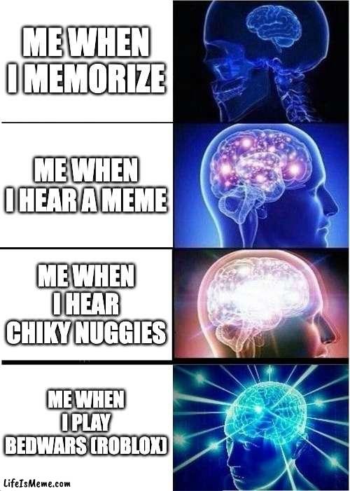 dont say grammarly in comments | ME WHEN I MEMORIZE; ME WHEN I HEAR A MEME; ME WHEN I HEAR CHIKY NUGGIES; ME WHEN I PLAY BEDWARS (ROBLOX) | image tagged in memes,expanding brain | made w/ Lifeismeme meme maker