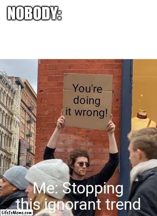 This trend is dumbing people down | NOBODY:; You're doing it wrong! Me: Stopping this ignorant trend | image tagged in blank white template,memes,guy holding cardboard sign | made w/ Lifeismeme meme maker