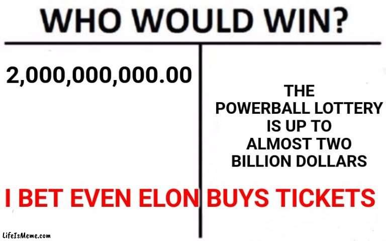 Two Billion Dollar Lottery | THE POWERBALL LOTTERY IS UP TO ALMOST TWO BILLION DOLLARS; 2,000,000,000.00; I BET EVEN ELON BUYS TICKETS | image tagged in memes,who would win,two billion,lottery ticket,the lottery,billionaire | made w/ Lifeismeme meme maker