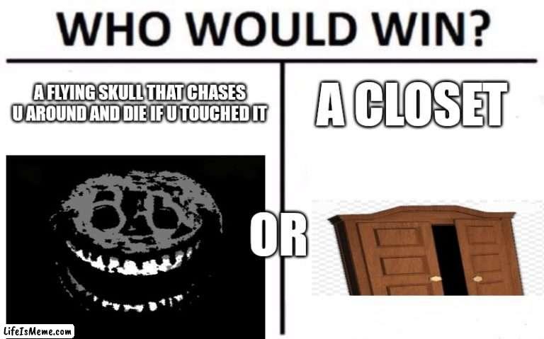 Rush vs Closet. Who would win? (Lol its the closet idiot) | A FLYING SKULL THAT CHASES U AROUND AND DIE IF U TOUCHED IT; A CLOSET; OR | image tagged in memes,who would win | made w/ Lifeismeme meme maker