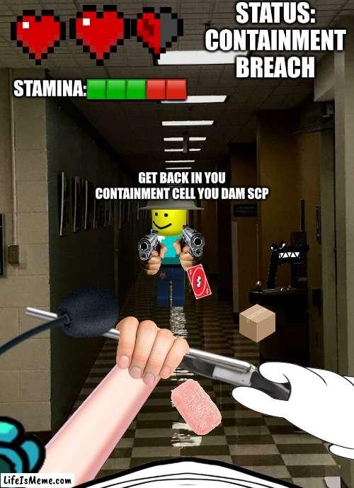 Scp containment breach | STATUS: CONTAINMENT BREACH; STAMINA:🟩🟩🟩🟥🟥; GET BACK IN YOU CONTAINMENT CELL YOU DAM SCP | image tagged in liminal space,scp,guns,oof,troll,troll face | made w/ Lifeismeme meme maker