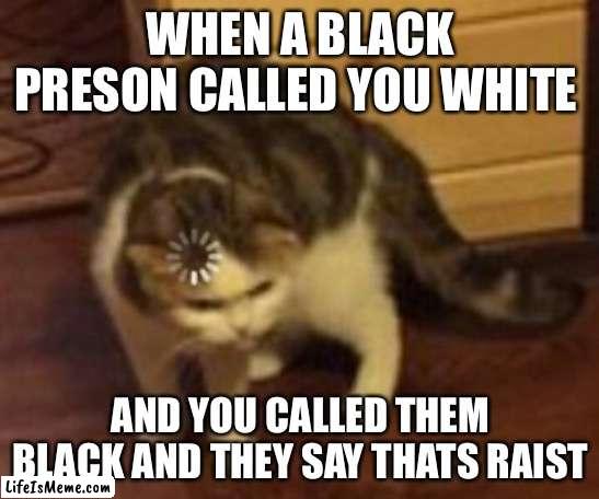 Loading cat | WHEN A BLACK PRESON CALLED YOU WHITE; AND YOU CALLED THEM BLACK AND THEY SAY THATS RAIST | image tagged in loading cat | made w/ Lifeismeme meme maker