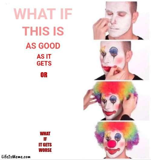 Use Your Voice!  You Are NOT Alone | WHAT IF; THIS IS; AS GOOD; AS IT
GETS; OR; WHAT IF IT GETS WORSE | image tagged in memes,clown applying makeup,speak out,speak up,ugh,use the thinking part of your brain | made w/ Lifeismeme meme maker