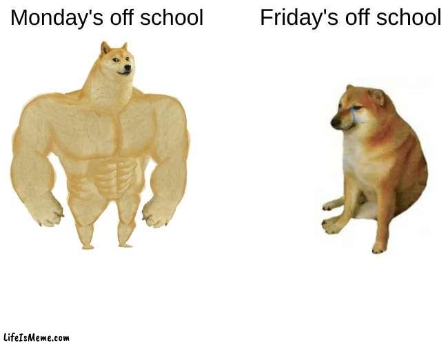 school rn | Monday's off school; Friday's off school | image tagged in memes,buff doge vs cheems | made w/ Lifeismeme meme maker