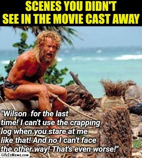 You never appreciate what was left on the cutting room floor.... | SCENES YOU DIDN'T SEE IN THE MOVIE CAST AWAY; "Wilson  for the last time! I can't use the crapping log when you stare at me like that! And no I can't face the other way! That's even worse!" | image tagged in cast away,tom hanks,wilson,movies,i'm gonna pretend i didn't see that,funny | made w/ Lifeismeme meme maker