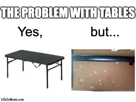 Public tables have too much gum! Work together to stop this!! (you cant spell relatable without table) | THE PROBLEM WITH TABLES; Yes,             but... | image tagged in table,gum,school,public,relatable | made w/ Lifeismeme meme maker