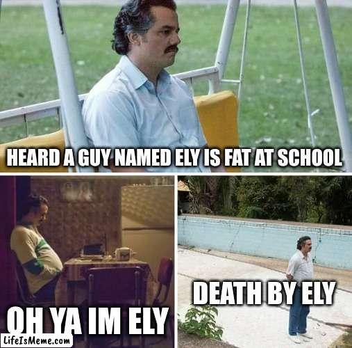 ely fat dude | HEARD A GUY NAMED ELY IS FAT AT SCHOOL; OH YA IM ELY; DEATH BY ELY | image tagged in memes,sad pablo escobar | made w/ Lifeismeme meme maker