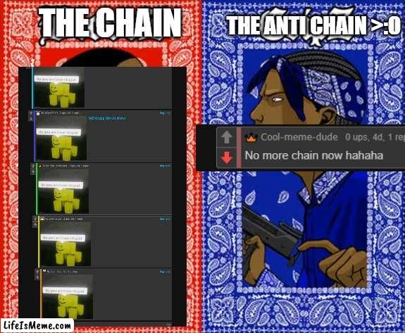 which team are you on? | THE ANTI CHAIN >:O; THE CHAIN | image tagged in blood vs crips,chain,memes,funny | made w/ Lifeismeme meme maker