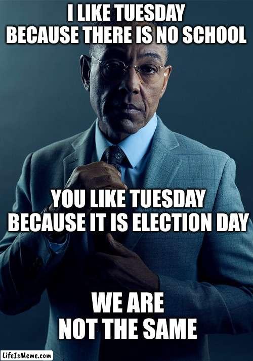 Election Day | I LIKE TUESDAY BECAUSE THERE IS NO SCHOOL; YOU LIKE TUESDAY BECAUSE IT IS ELECTION DAY; WE ARE NOT THE SAME | image tagged in gus fring we are not the same | made w/ Lifeismeme meme maker