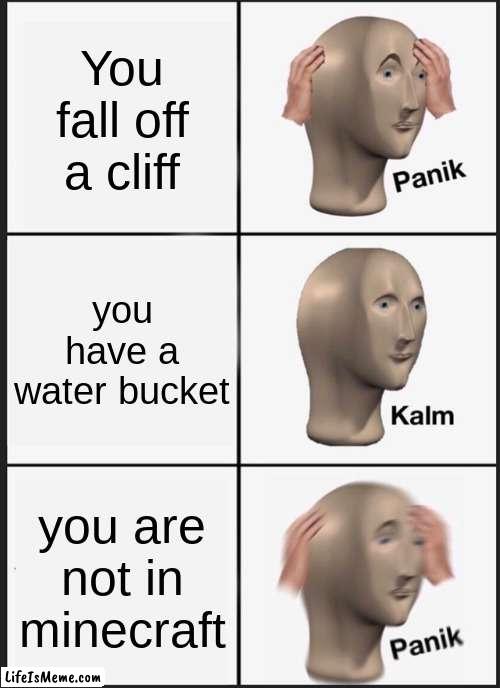 Minecraft Water bucket | You fall off a cliff; you have a water bucket; you are not in minecraft | image tagged in memes,panik kalm panik | made w/ Lifeismeme meme maker