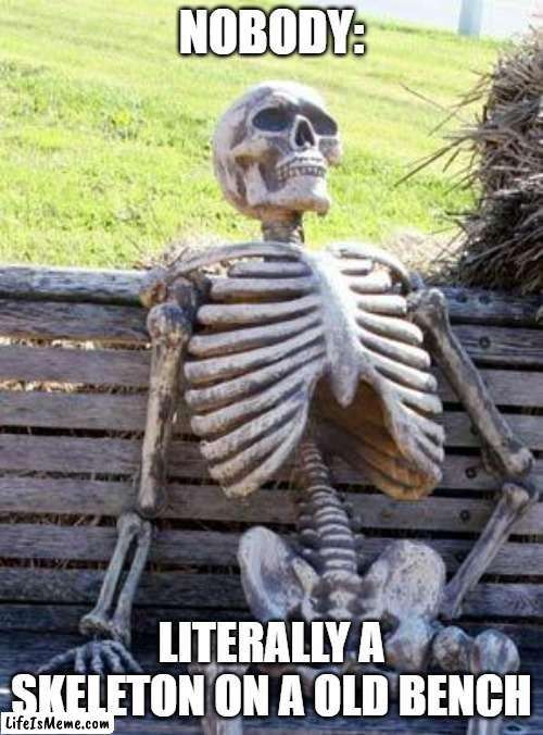 Boring | NOBODY:; LITERALLY A SKELETON ON A OLD BENCH | image tagged in memes,waiting skeleton | made w/ Lifeismeme meme maker