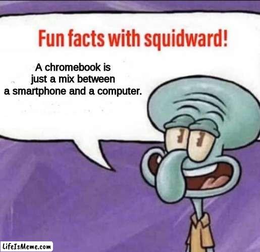 It even has google play | A Chromebook is just a mix between
a smartphone and a computer. | image tagged in fun facts with squidward | made w/ Lifeismeme meme maker