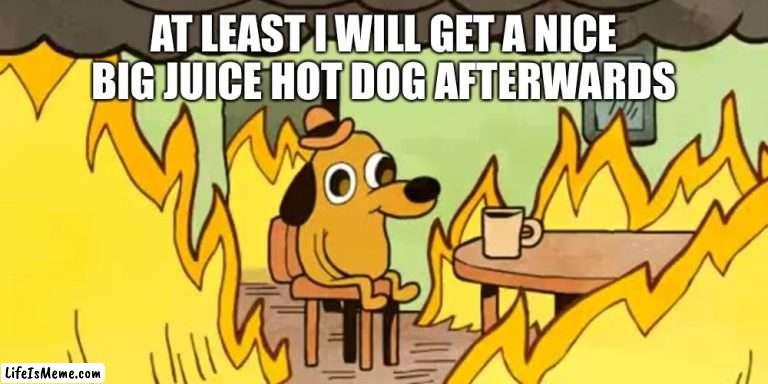 Dog on fire | AT LEAST I WILL GET A NICE BIG JUICE HOT DOG AFTERWARDS | image tagged in dog on fire,fire,hot dog,hot dogs | made w/ Lifeismeme meme maker
