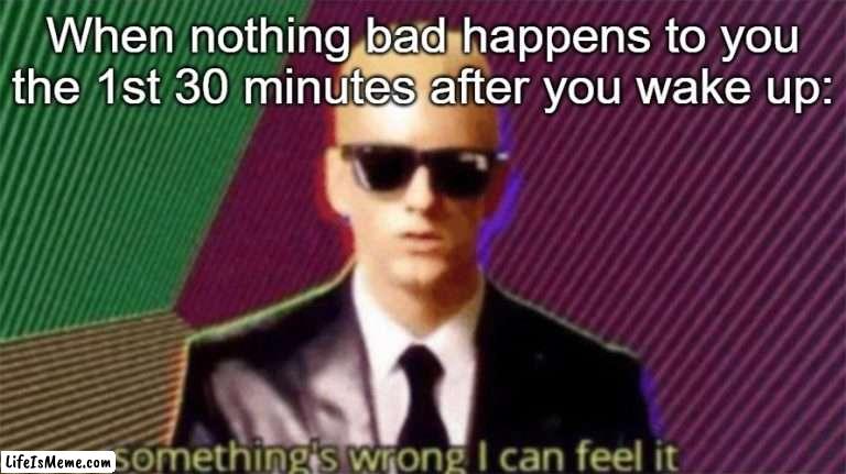 Somethings wrong | When nothing bad happens to you the 1st 30 minutes after you wake up: | image tagged in something's wrong i can feel it | made w/ Lifeismeme meme maker