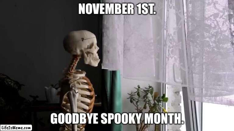 Halloween :( | NOVEMBER 1ST. GOODBYE SPOOKY MONTH. | image tagged in sad skeleton | made w/ Lifeismeme meme maker