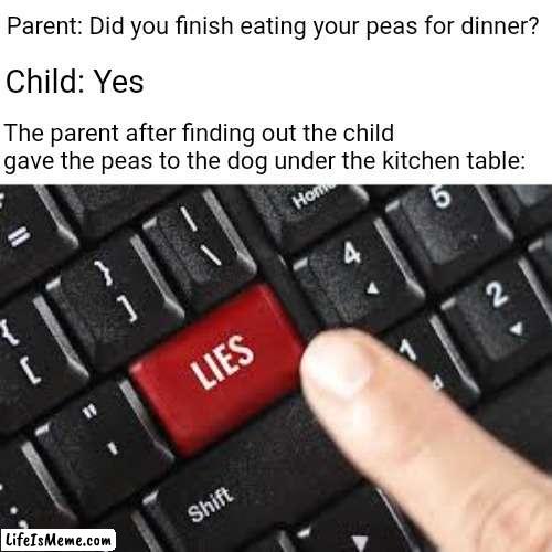 Peas | Parent: Did you finish eating your peas for dinner? Child: Yes; The parent after finding out the child gave the peas to the dog under the kitchen table: | image tagged in lies,blank white template,funny,memes,liar,peas | made w/ Lifeismeme meme maker