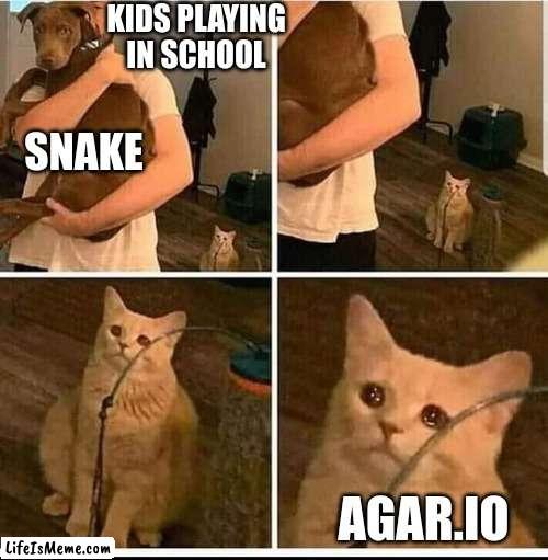 Agar.io was will always be remembered | KIDS PLAYING IN SCHOOL; SNAKE; AGAR.IO | image tagged in man holding dog but cat is sad,agario,funny,dankmemes,memes,school meme | made w/ Lifeismeme meme maker