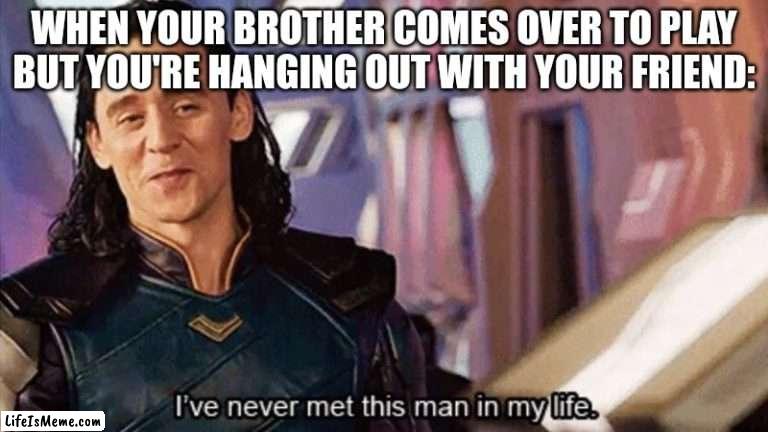 So true, yet so sad | WHEN YOUR BROTHER COMES OVER TO PLAY BUT YOU'RE HANGING OUT WITH YOUR FRIEND: | image tagged in i have never met this man in my life | made w/ Lifeismeme meme maker