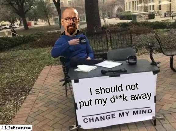 waltuh put your d**k away | I should not put my d**k away | image tagged in memes,change my mind,walter white | made w/ Lifeismeme meme maker