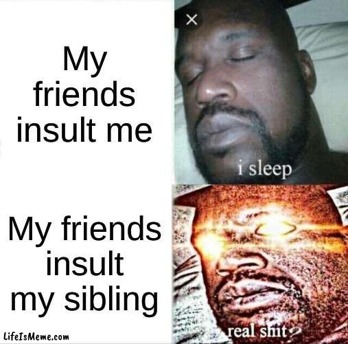 Only I can insult family | My friends insult me; My friends insult my sibling | image tagged in memes,sleeping shaq | made w/ Lifeismeme meme maker