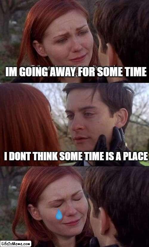 some time is a place? | IM GOING AWAY FOR SOME TIME; I DONT THINK SOME TIME IS A PLACE | image tagged in tell me the truth i'm ready to hear it,funny,meme,peter,mj | made w/ Lifeismeme meme maker