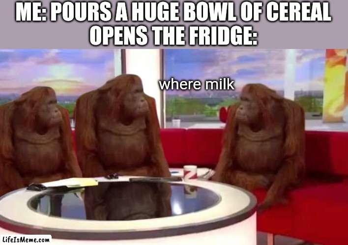 Meme #187 | ME: POURS A HUGE BOWL OF CEREAL
OPENS THE FRIDGE:; where milk | image tagged in where monkey,where banana,milk,cereal,monkeys,ive made a huge mistake | made w/ Lifeismeme meme maker