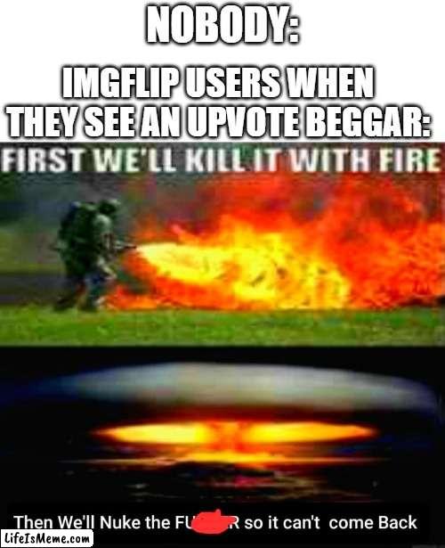 It's true though...lol | NOBODY:; IMGFLIP USERS WHEN THEY SEE AN UPVOTE BEGGAR: | image tagged in memes,funny,relatable,upvote begging,fire,nuclear explosion | made w/ Lifeismeme meme maker