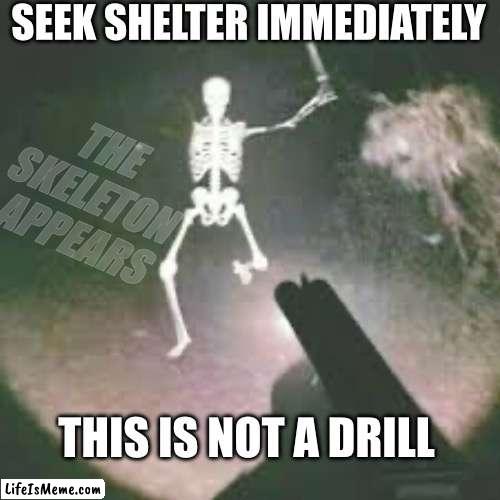 THE SKELETON APPEARED, TAKE SHELTER | SEEK SHELTER IMMEDIATELY; THE SKELETON APPEARS; THIS IS NOT A DRILL | image tagged in skeleton shotgun,skeleton | made w/ Lifeismeme meme maker