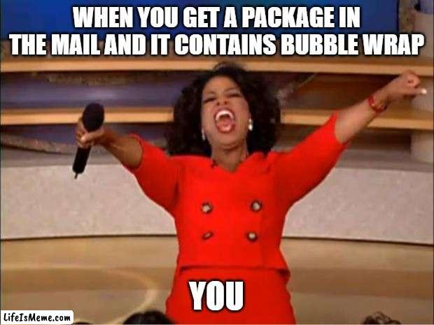 Me getting bubble wrap be like | WHEN YOU GET A PACKAGE IN THE MAIL AND IT CONTAINS BUBBLE WRAP; YOU | image tagged in memes,oprah you get a,bubble wrap,happy,package,funny | made w/ Lifeismeme meme maker