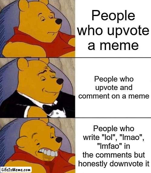 Before anyone starts ranting in the comments, NO i am not upvote-begging, i am simply expressing my view and thats final | People who upvote a meme; People who upvote and comment on a meme; People who write "lol", "lmao", "lmfao" in the comments but honestly downvote it | image tagged in best better blurst,memes,dank memes,funny,unfunny,i am not upvote begging please don't think that | made w/ Lifeismeme meme maker