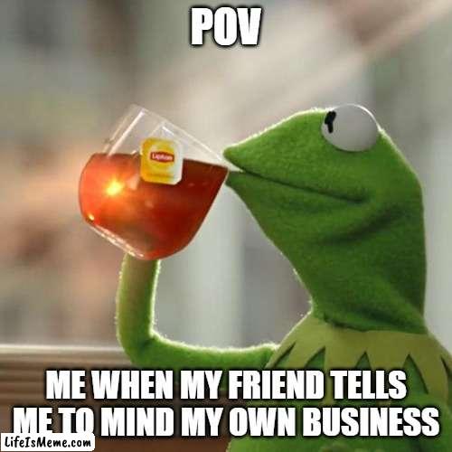 idnc | POV; ME WHEN MY FRIEND TELLS ME TO MIND MY OWN BUSINESS | image tagged in memes,but that's none of my business,kermit the frog | made w/ Lifeismeme meme maker