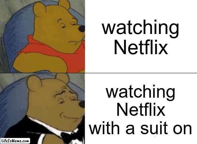 the right way to watch Netflix | watching Netflix; watching Netflix with a suit on | image tagged in memes,tuxedo winnie the pooh | made w/ Lifeismeme meme maker