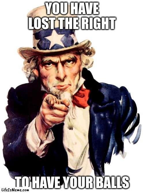 this is a inportant message | YOU HAVE LOST THE RIGHT; TO HAVE YOUR BALLS | image tagged in memes,uncle sam | made w/ Lifeismeme meme maker
