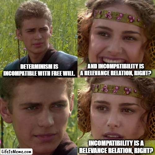 Incompatibilism | DETERMINISM IS INCOMPATIBLE WITH FREE WILL. AND INCOMPATIBILITY IS A RELEVANCE RELATION, RIGHT? INCOMPATIBILITY IS A RELEVANCE RELATION, RIGHT? | image tagged in anakin padme 4 panel | made w/ Lifeismeme meme maker
