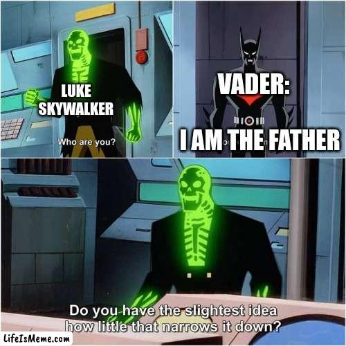 Another Star wars meme not sorry | LUKE SKYWALKER; VADER:; I AM THE FATHER | image tagged in do you have the slightest idea how little that narrows it down,star wars,star wars i am your father | made w/ Lifeismeme meme maker