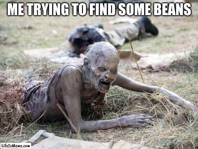 The Walking Dead Crawling Zombie | ME TRYING TO FIND SOME BEANS | image tagged in the walking dead crawling zombie,zombies,beans,food | made w/ Lifeismeme meme maker