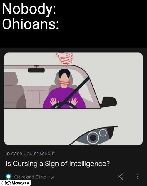 Fun fact Ohioans are more likely to cuss than citizens of any other state | Nobody:
Ohioans: | image tagged in stupid,cussing,ohio,america,funny,memes | made w/ Lifeismeme meme maker