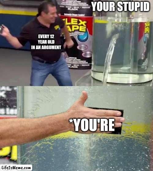 Like literally every 12 year old | YOUR STUPID; EVERY 12 YEAR OLD IN AN ARGUMENT; *YOU'RE | image tagged in flex tape,lol,true,funny memes,memes | made w/ Lifeismeme meme maker