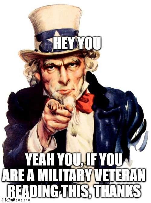 It's Veterans Day | HEY YOU; YEAH YOU, IF YOU ARE A MILITARY VETERAN READING THIS, THANKS | image tagged in memes,uncle sam,veterans day | made w/ Lifeismeme meme maker