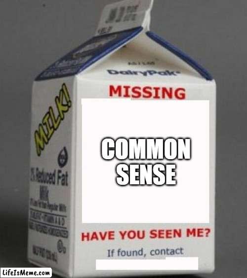 Milk carton | COMMON SENSE | image tagged in milk carton | made w/ Lifeismeme meme maker