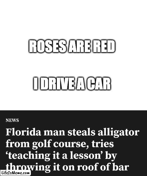 poetrie | ROSES ARE RED; I DRIVE A CAR | image tagged in florida man | made w/ Lifeismeme meme maker