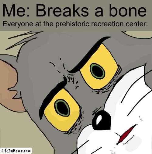 Hehe i just broke a bone.. | Me: Breaks a bone; Everyone at the prehistoric recreation center: | image tagged in memes,unsettled tom | made w/ Lifeismeme meme maker