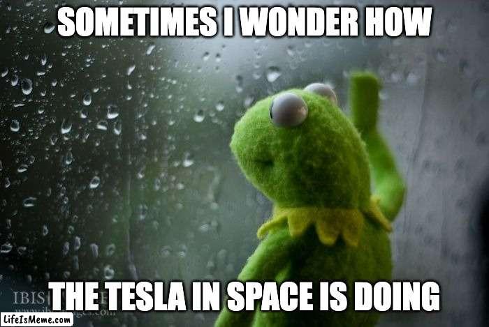 Tesla In Space | SOMETIMES I WONDER HOW; THE TESLA IN SPACE IS DOING | image tagged in kermit window,space hoax,space is fake,tesla roadster | made w/ Lifeismeme meme maker
